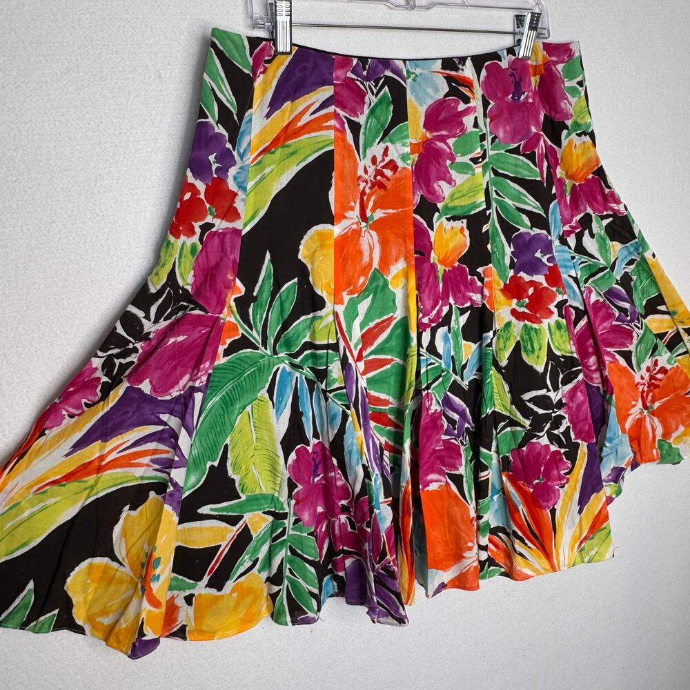 Lauren Ralph Lauren 2000s Floral Cotton Pleated Skirt Black Multicolor Size 14 - Picture 11 of 14